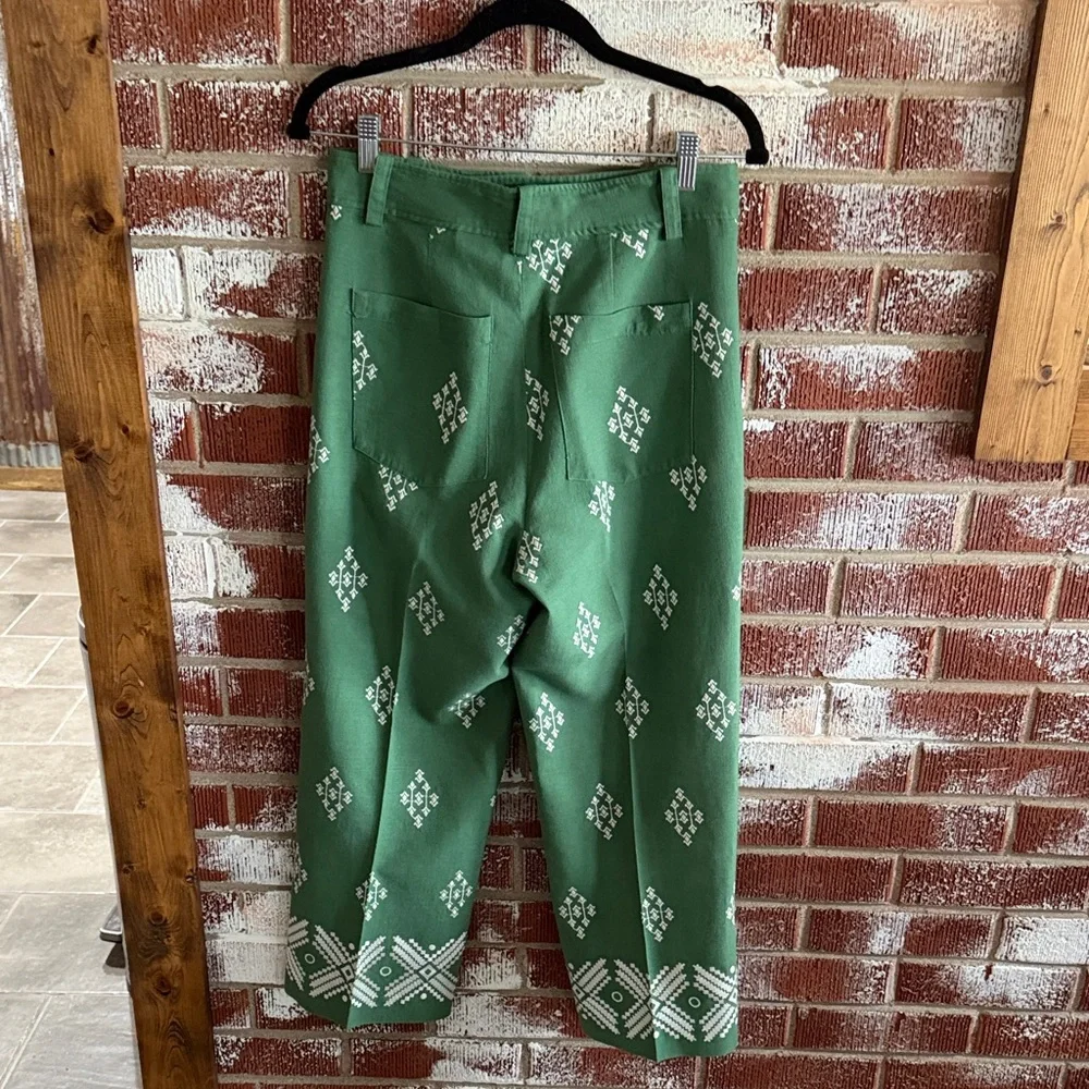 Zara Embroidered Linen Cropped Wide Leg Trousers Sz S Resortwear Beachy Green